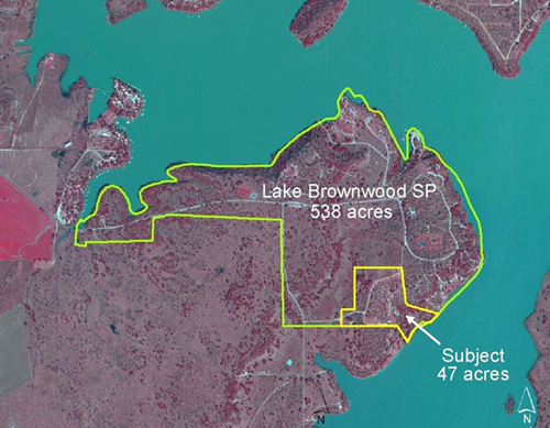 This image is a representation for where the 47 acres to be transferred to BCWID lies in relation to Lake Brownwood State Park