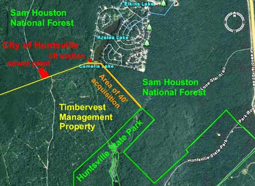 Location of land acquisition in relation to Timbervest Managment Property, Sam Houston National Forest, City of Huntsville list station and sewer plant and Hunstville State Park