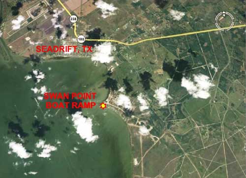 Location of Swan Point Boat Ramp in relation to Seadrift, TX