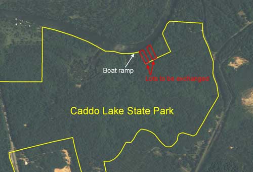 Location of Caddo Lake State Park in relation to boat ramp and lots to be exchanged