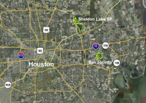 Location of San Jacinto Battleground SHS in relation to Sheldon Lake State Park and Houston, Texas