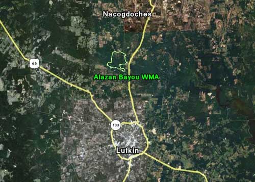 Location of Alazan Bayou WMA in relation to the city of Lufkin, TX