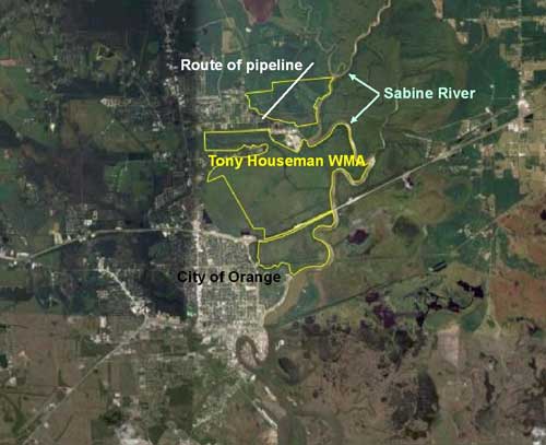 Location of Tony Houseman Wildlife Management Area in relation to the Orange, TX and Sabine River