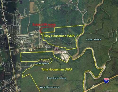 Location of subject 89 acres in relation to Tony Houseman WMA