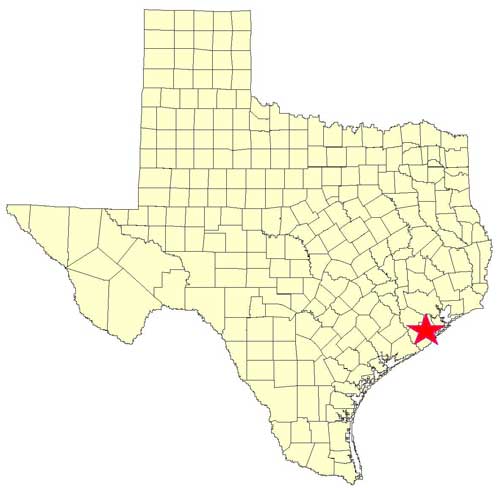 Location of Brazoria County in relation to the State of Texas