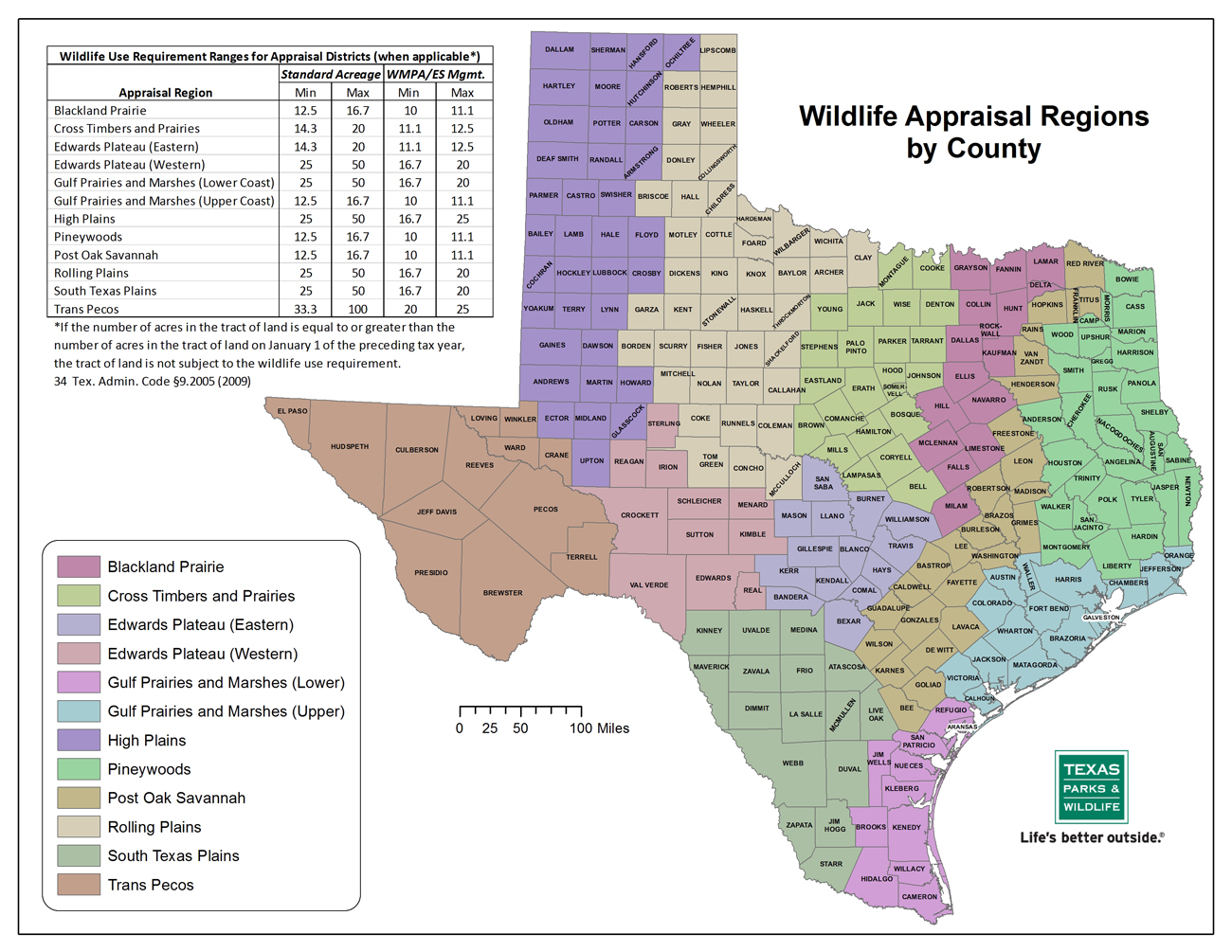 Map of Wildlife Appraisal Regions by County