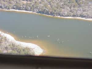 Aerial photograph of discolored foaming water