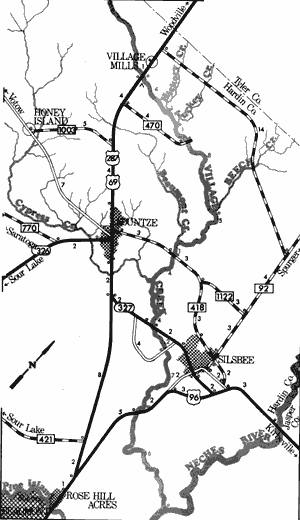 Map of Village Creek from US Highway 69 and US Highway 287 to US Highway 96.